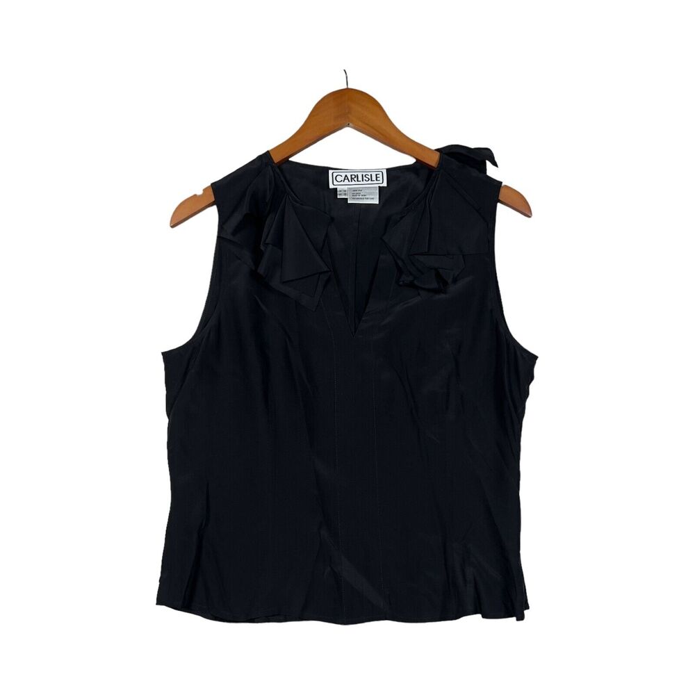 Carlisle Ruffle Women's Designer Black Tank Top Shirt SILK Blouse Shirt 10